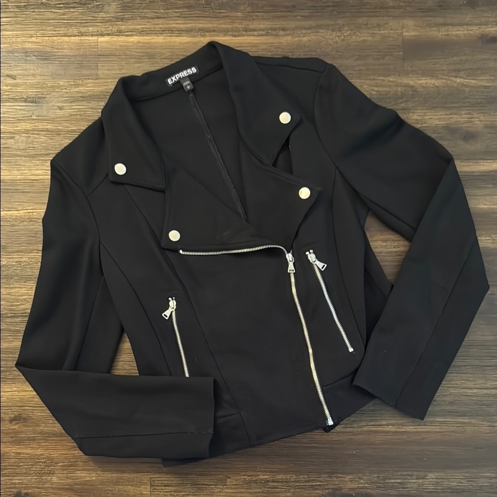 Express Black Knit Moto Jacket with Asymmetric Front Zip Silver Accents Small